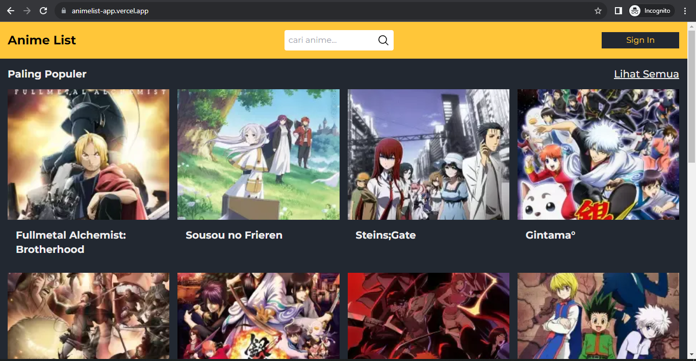 Tampilan website Anime List App